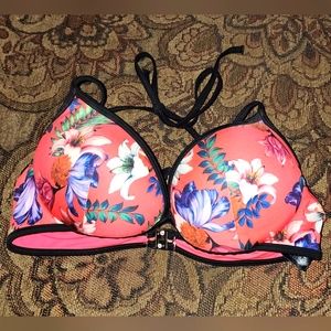 H&M Floral Lightly Padded Halter Style Bikini Top Swimsuit 36B Pink Blue White